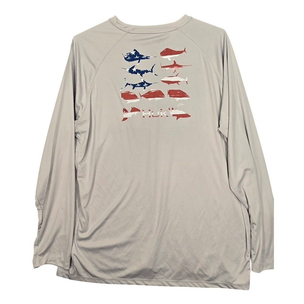 Huk Mens Red White & Blue Patriotic Fish Graphic Long Sleeve Fishing Shirt XXL